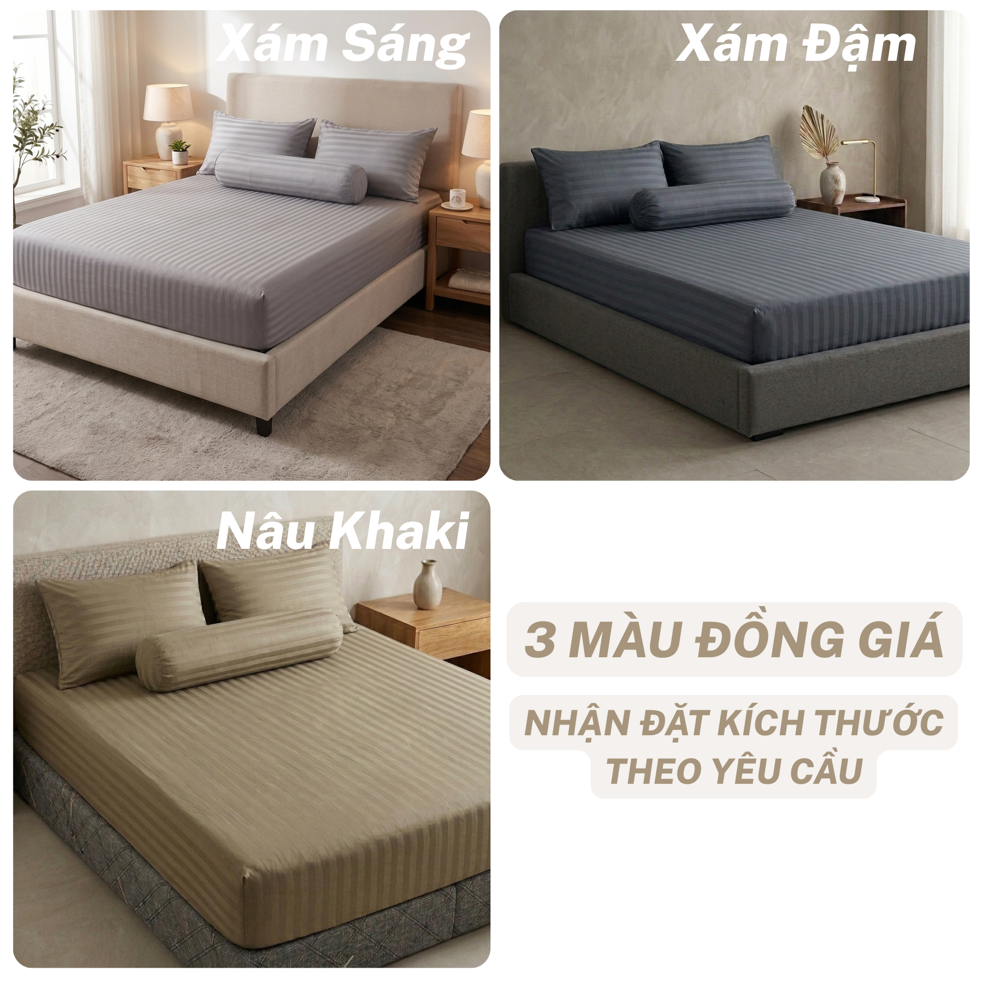 Bộ Drap Ga Gối Cotton Poly Cao Cấp Sọc Satin Sang Trọng - 3 Màu: Xám Đậm, Nâu Khaki, Xám Nhạt - Đầy Đủ Kích Thước